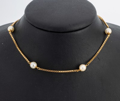 18 kt Gold Perl-Collier, GG 750/000, Venezianerkette im Wechsel mit Akoyazuchtperlen, D. ca. 7 mm, L. ca. 51 cm, Federringschließe, ca. 14.1 g