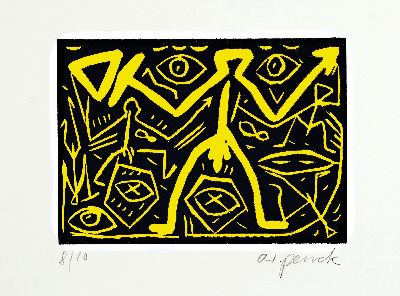 A.R. Penck, 1939-2017, Farbsiebdruck, handsign. und num. 8/10, approx 15x21cm, PP, framed under glass, approx 46x54cm