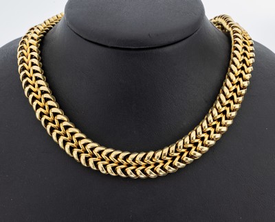 14 kt Gold Collier, GG 585/000, Flechtoptik, L. ca. 42.5 cm, Kastenschloss mit2 Sicherheitsachten, ca. 66.2 g, Wilhelm Müller/Schwäbisch Gmünd