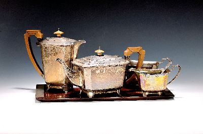 Kernstück, Birmingham 1932, Charles, Green & Co., Art Deco, Sterlingsilber, Teekanne, Zuckerdose, Kaffeekanne und Milchkanne, Holzgriffe, ca. 1860 ...