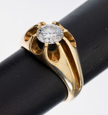 14 kt Gold Brillant-Ring, GG 585/000, qualitätvolle Verarbeitung, Brillant ca. 1.055ct feines Weiß/vvs, Angaben lt. Zertifikat, RW54, ca. 7.8 g, ...