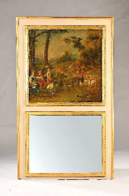 Trumeau/Spiegel mit Gemäldeeinsatz , Frankreich, um 1800/20, klassizistisch, Gemälde mit Schäferszene, Schäfer mit Schafen, Musikant und andere ...