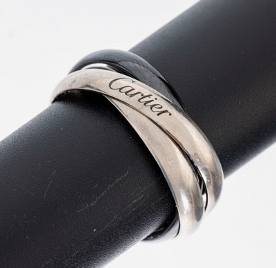 18 kt Gold CARTIER Ring, WG 750/000, Trinity-Serie, 1 Ring Keramik, RW 64, sign. und num., mit orig. Etui, Umkarton, Rechnung, Zertifikat und ...