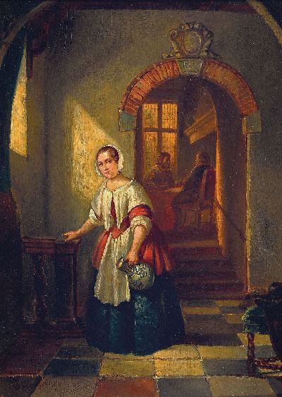 Johannes Anthonie Balthazar Stroebel, 1821-1905, Magd im Hausflur, Öl/Holz, links unten signiert, ca. 27x20cm, R. ca. 37x30cm