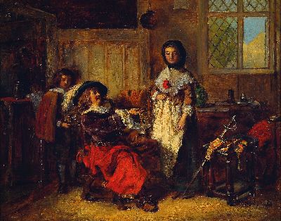 Danile Pasmore d.Ä., um 1829-1865, Edelmann überreicht einer jungen Frau ein Schmuckstück, im Hintergrund ein Page mit der Schmuckschatulle, ...