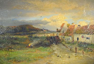 Paul Köster, 1855-1931, Landschaft mit Mühle und Bachlauf, Bauern beim Verbrennen von Unrat, Öl/Lwd, rechts unten sign. P.Köster Df, ca. 65x95cm, ...