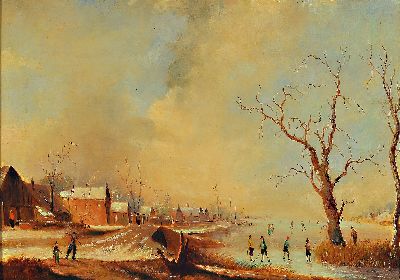 A. Wildrich, Traditionalist im Stil der alten Meister, Eisvergnügen, holländische Winterlandschaft mit Schlittschuhläufern, Öl/Holz, links unten ...