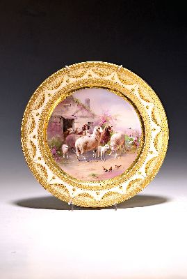Teller, Ackermann & Fritze, Volkstedt, um 1900, signiert, D. Pohl, nach einem Motiv von Otto Gebler, am Morgen, handbemalt, Porzellan, D. 26.5 cm, ...