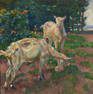 Paul Ernst, 1877 Bodenbach - 1947 Krefeld, zwei Ziegen in Sommerlandschaft, Öl/Lwd, re. unten signiert, ca. 70 x 70 cm, Rahmen ca. 89 x 89 cm, unter ...