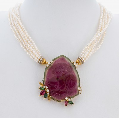 Zuchtperl-Collier mit 18 kt Gold Turmalin- Brillant-Mittelteil, GG/WG 750/000, hochwertige Einzelanfertigung eines renommierten Idar-Obersteiner ...