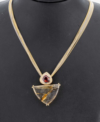 18 kt Gold und Platin Achat-Granat-Brillant- Anhänger, GG 750/000 und Pt, Einzelanfertigung eines renommierten Idar- Obersteiner Goldschmieds, ...