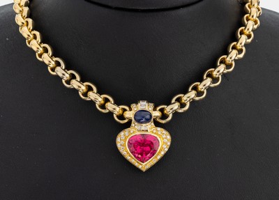 18 kt Gold Rubellit-Saphir-Diamant-Collier, GG 750/000, Einzelanfertigung eines renommierten Idar-Obersteiner Goldschmieds, Mittelteil mit facett. ...