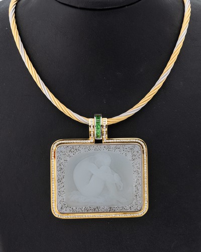 18 kt Gold Geodenherz-Brillant-Tsavorith- Anhänger, GG/WG 750/000, Einzelanfertigung eines renommierten Idar-Obersteiner Goldschmieds, gr. ...