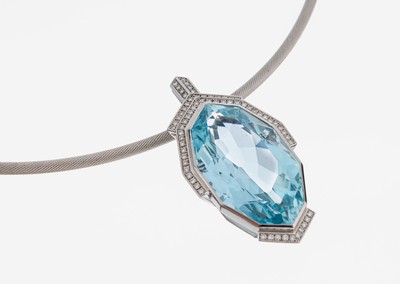 18 kt Gold Aquamarin-Brillant-Anhänger, WG 750/000, Einzelanfertigung eines renommierten Idar-Obersteiner Goldschmieds, Aquamarin von exklusiver ...