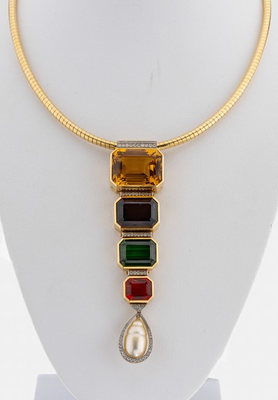 18 kt Gold und Platin Farbstein-Brillant- Perl-Collier, GG 750/000 und Pt, Einzelanfertigung eines renommierten Idar- Obersteiner Goldschmieds, ...