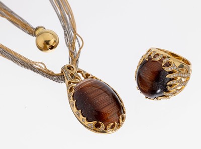 18 kt Gold Katzenaugen-Brillant-Schmuckset, GG/WG 750/000, Einzelanfertigung eines renommierten Idar-Obersteiner Goldschmieds, best. aus: 1 ...