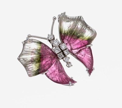 18 kt Gold Turmalin-Brillant-Brosche "Schmetterling", WG 750/000, Einzelanfertigung eines renommierten Idar -Obersteiner Goldschmieds, ...
