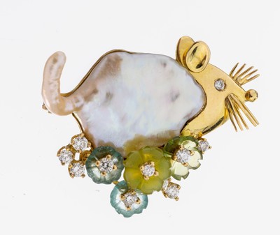 18 kt Gold Perl-Farbstein-Brillant-Brosche "Maus", GG 750/000, Einzelanfertigung einesrenommierten Idar-Obersteiner Goldschmieds, Körper ...