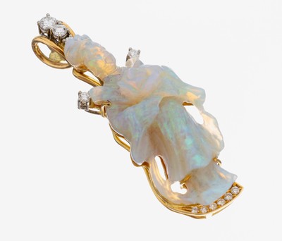 18 kt Gold Opal-Brillant-Anhänger, GG/WG 750/000, Einzelanfertigung eines renommierten Idar-Obersteiner Goldschmieds, geschnittener Opal, ...