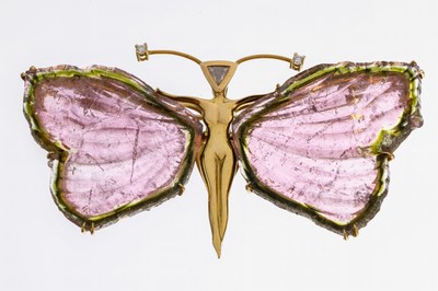 18 kt Gold Turmalin-Diamant-Brosche, GG 750/000, Einzelanfertigung eines renommierten Idar-Obersteiner Goldschmieds, Darstellung einer ...
