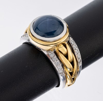 18 kt Gold und Platin Saphir-Brillant-Ring, GG 750/000 und Pt, Einzelanfertigung eines renommierten Idar-Obersteiner Goldschmieds, ovaler ...