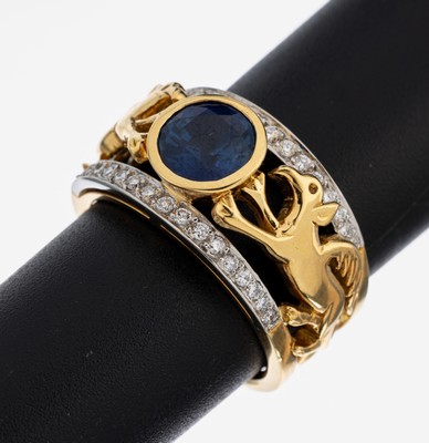 18 kt Gold und Platin Saphir-Brillant-Ring, GG 750/000 und Pt., Einzelanfertigung eines renommierten Idar-Obersteiner Goldschmieds, rundfacett. ...