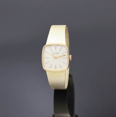 ZENTRA Savoy Armbanduhr in GG 585/000, Schweiz um 1970, Handaufzug, Boden aufgedr., Milanaiseband m. Faltschl., silb. Zifferbl. m. aufges. gold. ...