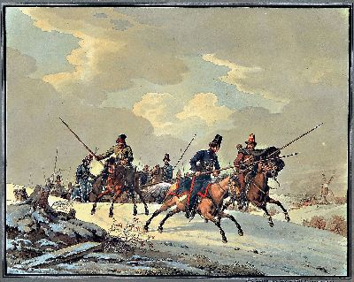 Carl Friedrich Heinzmann, 1795-1846, zwei aquarellierte Stiche, 1x Winterlandschaft mit Reitergruppe, 1x Einbringen der Heuernte mit vierspännigem ...