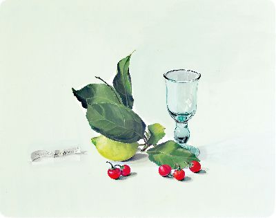 Ursula Krause-Oehme, geb. 1932, Stillleben mit Zitrone, Kirschen und Glas, sign., ca. 46x58cm, PP, u.Gl., R. 66x77cm