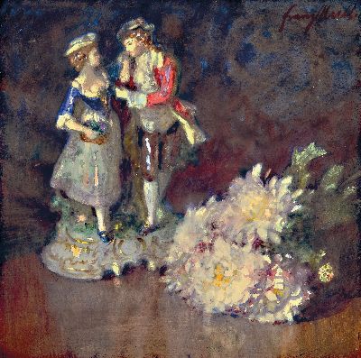 Franz Huth, 1876 Pößneck-1970 Weimar, Stillleben mit Blumen und Porzellanfigur, Pastell auf Papier, rechts oben sign., ca. 36x36cm, PP, u.Gl., R. ...