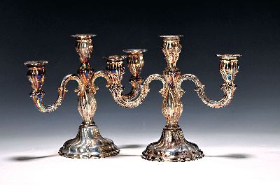 Paar Kerzenleuchter, Binder Schwäbisch-Gmünd, 925er Sterling Silber, Barockstil, gefüllt, je drei Brennstellen, H. je ca. 19cm