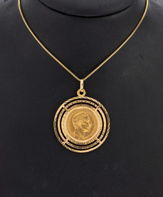 18 kt Gold Münz-Anhänger, GG 750/000, lose gefasste Goldmünze, 20 Mark, 1889, Wilhelm II Deutscher Kaiser König von Preußen, mehrreihige ...
