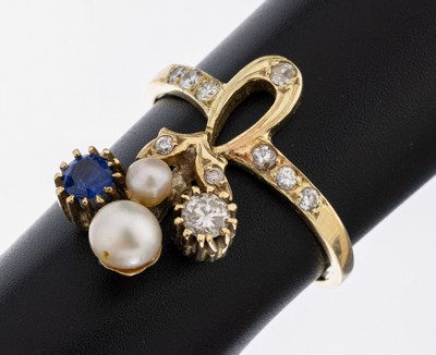 14 kt Gold Brillant-Saphir-Perl-Ring, GG 585/000 gepr., in der Art des Jugendstils, florale Gestaltung, 10 Brillanten, 1 Stein besch., zus. ca. 0.20 ...
