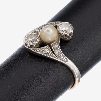 14 kt Gold Jugendstil Diamant-Perl-Ring, GG585/000, Schauseite plat., 2 Altschliff- diamanten und 12 Diamantrosen zus. ca. 0.60 ...