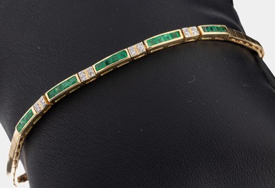 14 kt Gold Smaragd-Brillant-Armband, GG 585/000, 20 Smaragd-Carrees zus. ca. 0.25 ct, 16 Brillanten zus. ca. 0.08 ct Weiß/p, L. ca. 18 cm, ...