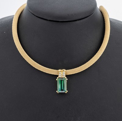 14 kt Gold Turmalin-Brillant-Anhänger, GG 585/000, Turmalin im Treppenschliff ca. 3.00 ct, 6 Brillanten zus. ca. 0.12 ct Weiß/vs, an ...