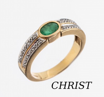 14 kt Gold CHRIST Smaragd-Diamant-Ring, GG 585/000, ovalfacett. Smaragd ca. 0.35 ct, 16 8/8-Diamanten zus. ca. 0.08 ct Weiß/p, RW 58, ca. 5.3 g