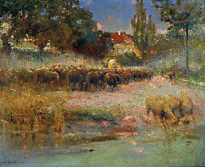 Carl Wilhelm Bergmüller, 1864-1928, Schafherde vor der Ortschaft, Öl/Lwd, links unten sign., ca. 80x100cm, R. ca. 88x108cm