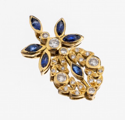 18 kt Gold Saphir-Brillant-Anhänger, GG 750/000, florale Gestaltung, 6 Saphir-Navetteszus. ca. 0.25 ct, 22 Brillanten zus. ca. 0.20 ct Weiß/si, ...
