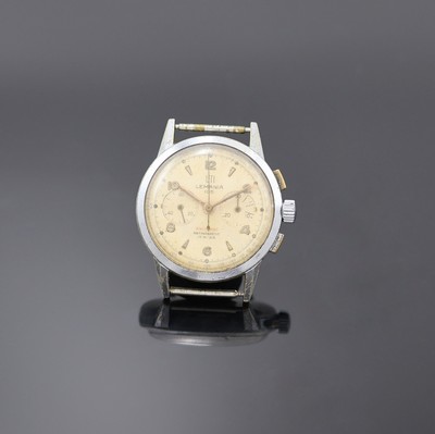 UTI / LEMANIA 105 Armbandchronograph im verchromten Gehäuse, Schweiz um 1950, Handaufzug, 3-tlg. Geh. ber., Glasrand u. Stahlboden aufgedr., silb. ...