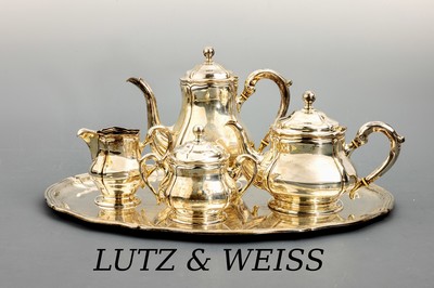 4-teiliges Kaffeeservice auf Tablett, 800er Silber, deutsch Lutz & Weiß, Pforzheim, Barockstil, best. aus: Kaffeekanne (Standring verbogen, ...
