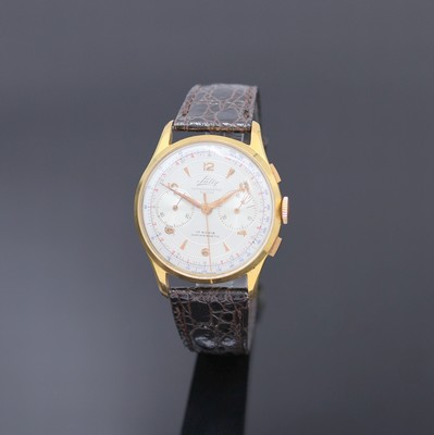 SULLY Chronographe Suisse vergoldeter Armbandchronograph, Schweiz um 1945, Handaufzug, 3-tlg. Geh., Glasrand u. Stahlboden aufgedr., silb. ...