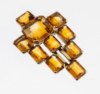 14 kt Gold Citrin-Anhänger, GG 585/000, prunkvolle Gestaltung, 10 Citrine im Treppenschliff versch. Größen und Farbnuancen zus. ca. 58.0 ct, ca. ...