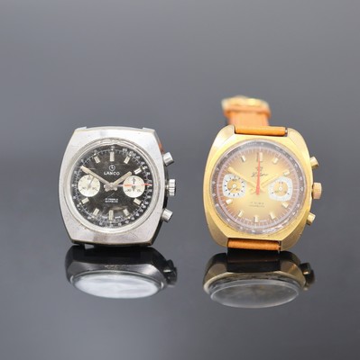 LANCO / LATINO 2 Herrenchronographen Kaliber Valjoux 7733, Schweiz um 1970, Handaufzug, 2-tlg. Geh. m. verschr. Stahlboden, 1) LANCO, verchr. Geh. ...