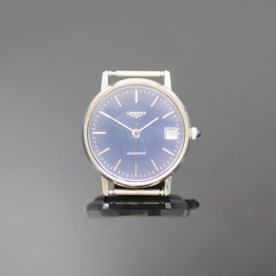 LONGINES elegante Armbanduhr in Stahl Referenz 4214, Schweiz um 1980, Automatik, 3-tlg. Geh., Boden u. Glasrand aufgedr., Mineralglas, blaues ...