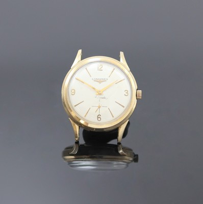 LONGINES Herrenarmbanduhr in 10K Gold Filled Kaliber 22A, Schweiz / USA um 1950, Automatik, 2-tlg. Geh., Boden verschr., silb. Zifferbl. ber./pat., ...