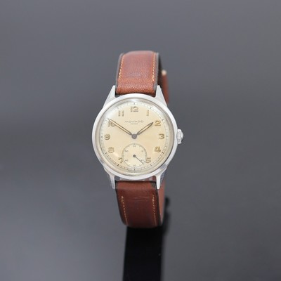 MOVADO Sport Herrenarmbanduhr in Stahl Referenz 18126, Schweiz um 1950, Handaufzug, verschr. F. BORGEL Geh., orig. Krone, silb. Zifferbl. m. arab. ...