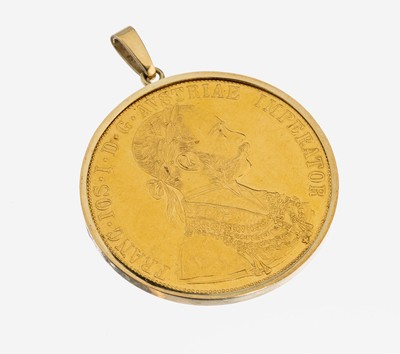 14 kt Gold Münz-Anhänger, GG 585/000, Goldmünze: 4 Dukaten, Österreich-Ungarn, 1915,offizielle Nachprägung, lose gefasst, ca. 18.1g