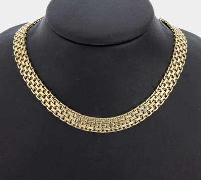 14 kt Gold Collier, GG 585/000, B. ca. 1 cm, L. ca. 42 cm, Kastenschloss mit Sicherheitsacht, ca. 50.1 g