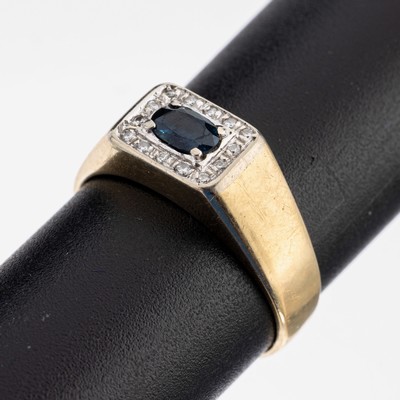 14 kt Gold Saphir-Diamant-Ring, GG/WG 585/000, ovalfacett. Saphir ca. 0.20 ct, 14 Diamanten zus. ca. 0.07 ct Weiß/si, RW 55, ca.3.3 g